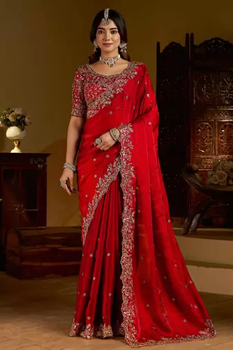 Red colour satin silk saree with heavy embroidery work blouse
