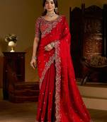 Red colour satin silk saree with heavy embroidery work blouse