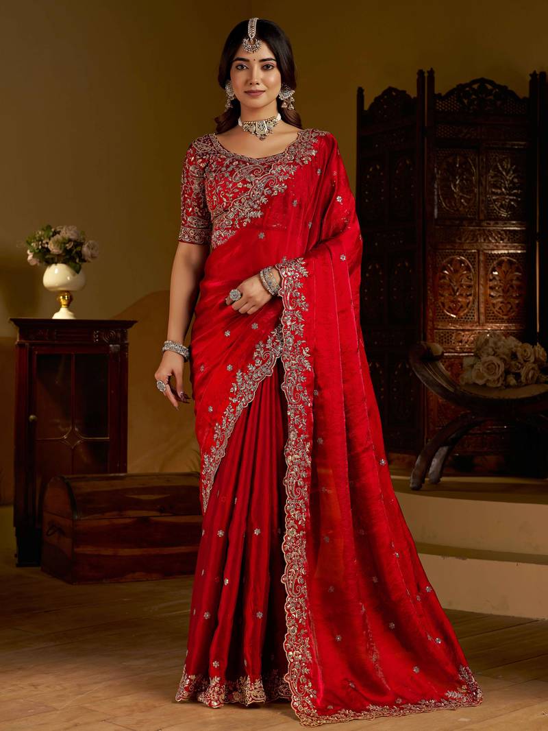 Red colour satin silk saree with heavy embroidery work blouse