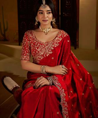 Red colour satin silk saree with heavy embroidery work blouse 2