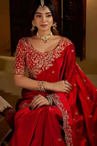 Red colour satin silk saree with heavy embroidery work blouse