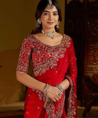 Red colour satin silk saree with heavy embroidery work blouse 3