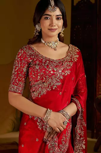 Red colour satin silk saree with heavy embroidery work blouse