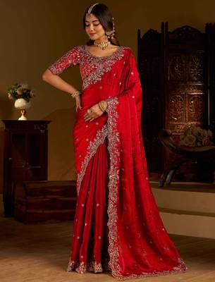 Red colour satin silk saree with heavy embroidery work blouse 4