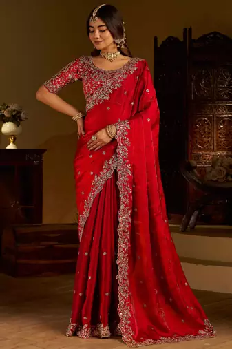 Red colour satin silk saree with heavy embroidery work blouse