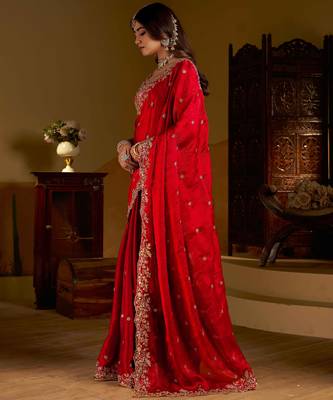 Red colour satin silk saree with heavy embroidery work blouse 5