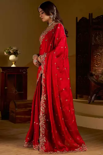 Red colour satin silk saree with heavy embroidery work blouse