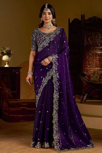 Violet colour satin silk saree with heavy embroidery work blouse