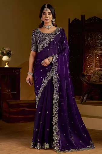 Violet colour satin silk saree with heavy embroidery work blouse