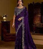 Violet colour satin silk saree with heavy embroidery work blouse