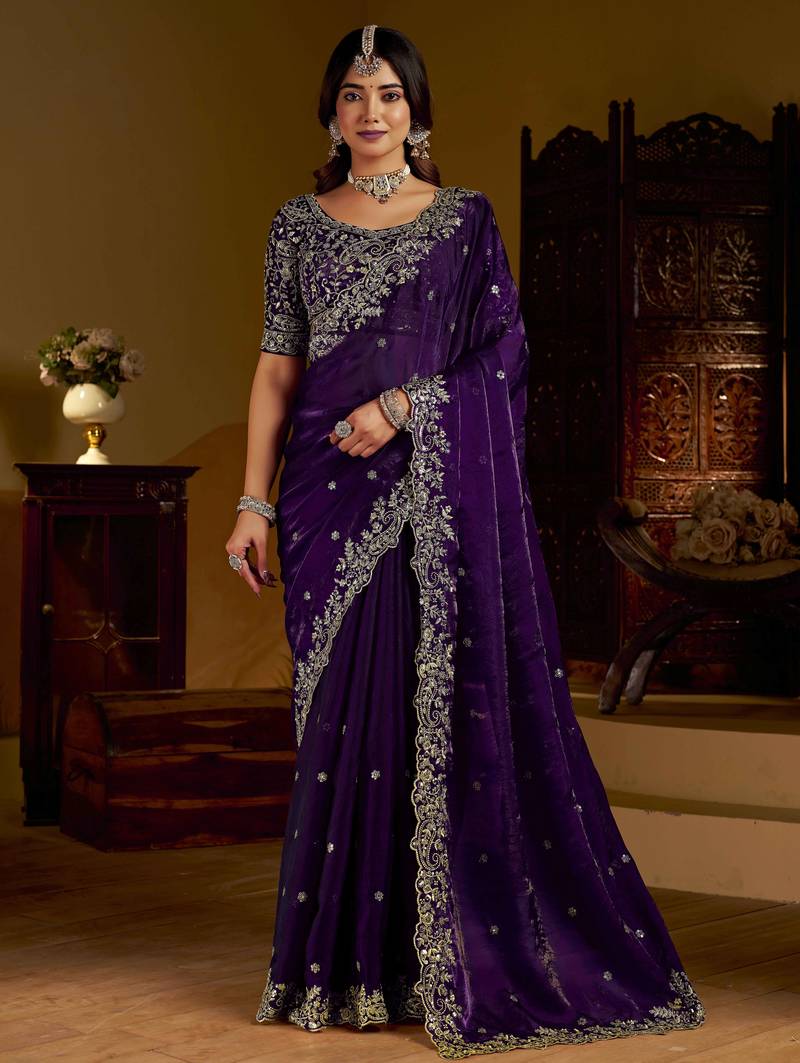 Violet colour satin silk saree with heavy embroidery work blouse