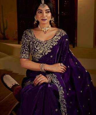 Violet colour satin silk saree with heavy embroidery work blouse 2