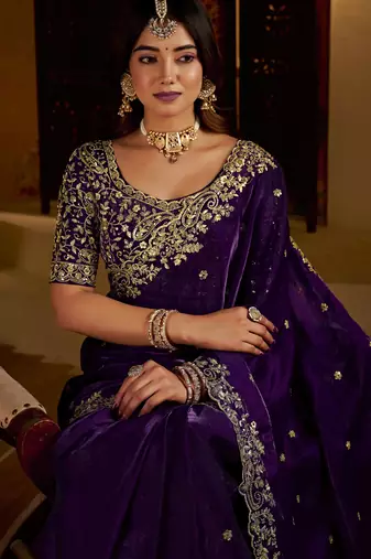 Violet colour satin silk saree with heavy embroidery work blouse