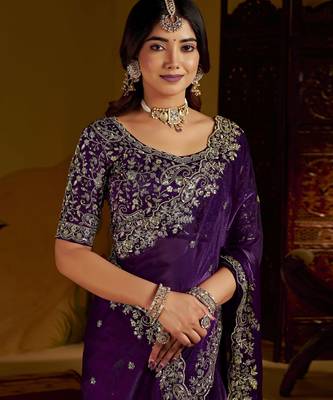 Violet colour satin silk saree with heavy embroidery work blouse 3