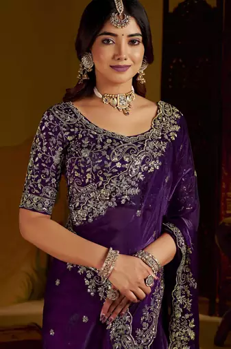 Violet colour satin silk saree with heavy embroidery work blouse