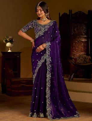 Violet colour satin silk saree with heavy embroidery work blouse 4