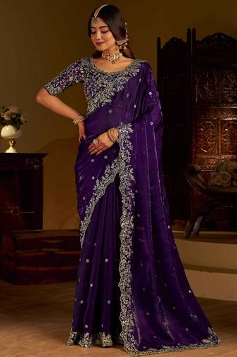 Violet colour satin silk saree with heavy embroidery work blouse