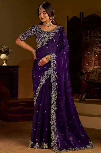 Violet colour satin silk saree with heavy embroidery work blouse