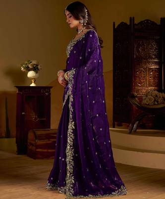Violet colour satin silk saree with heavy embroidery work blouse 5