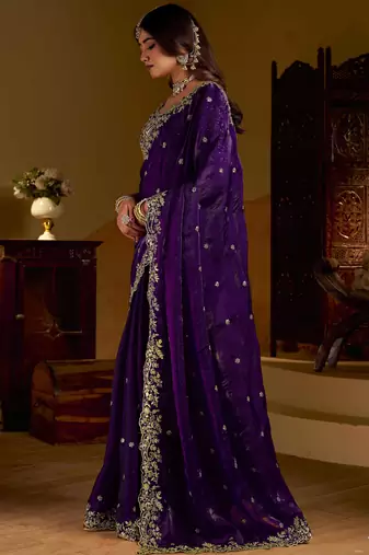 Violet colour satin silk saree with heavy embroidery work blouse