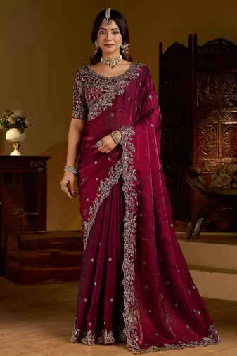 Wine colour satin silk saree with heavy embroidery work blouse
