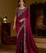Wine colour satin silk saree with heavy embroidery work blouse
