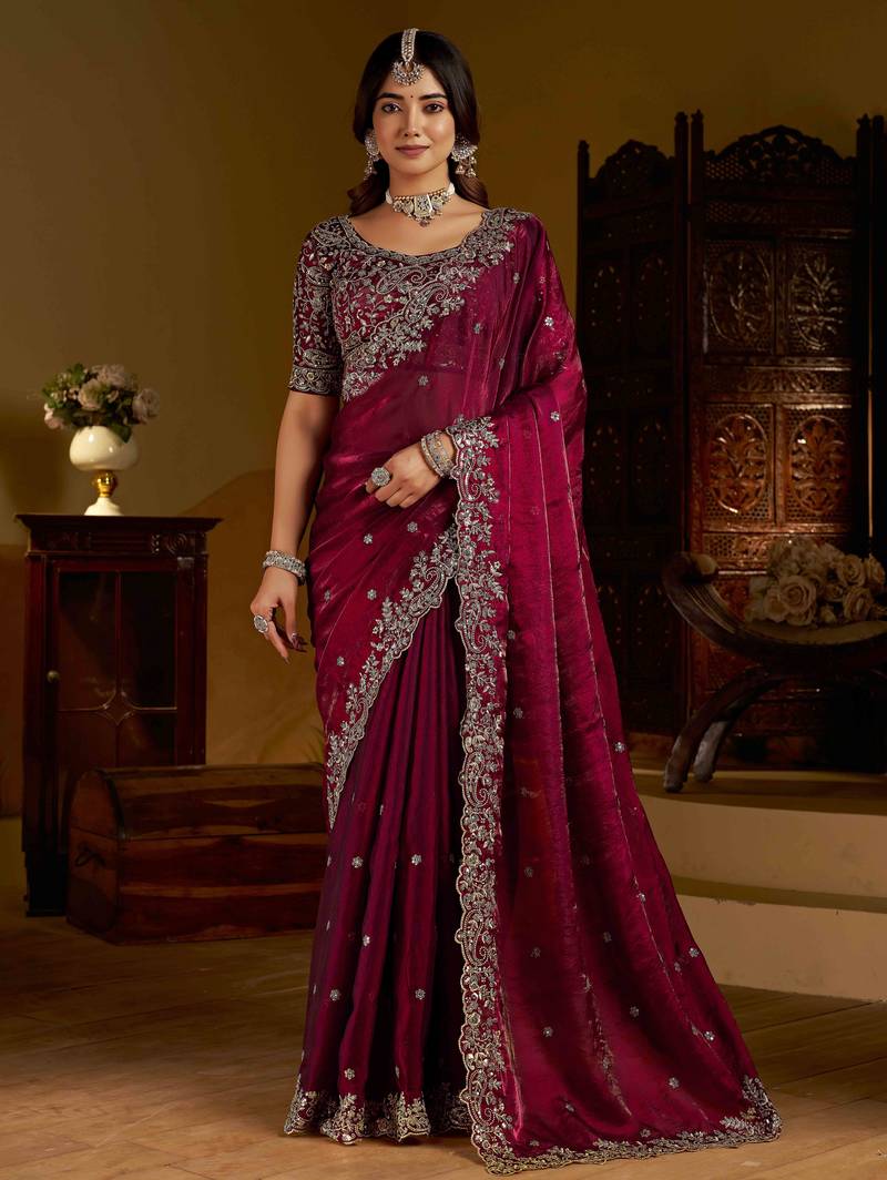 Wine colour satin silk saree with heavy embroidery work blouse