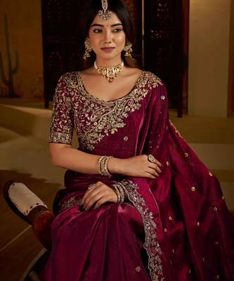 Wine colour satin silk saree with heavy embroidery work blouse 2