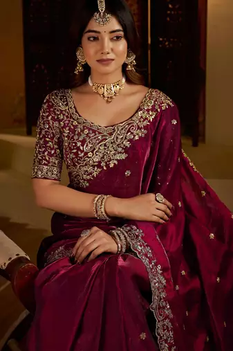 Wine colour satin silk saree with heavy embroidery work blouse
