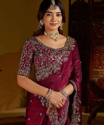 Wine colour satin silk saree with heavy embroidery work blouse 3