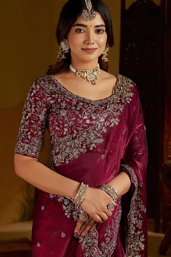 Wine colour satin silk saree with heavy embroidery work blouse