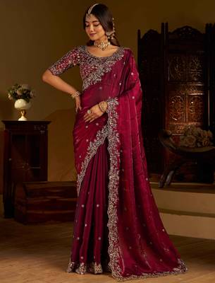 Wine colour satin silk saree with heavy embroidery work blouse 4