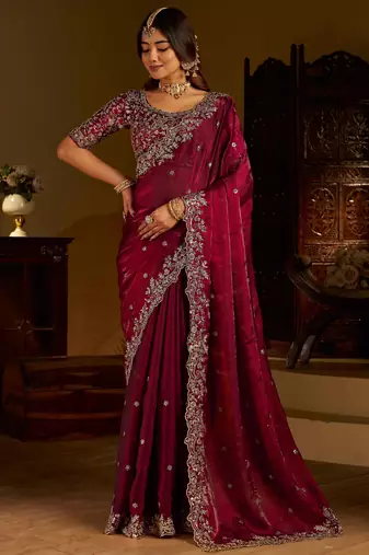 Wine colour satin silk saree with heavy embroidery work blouse