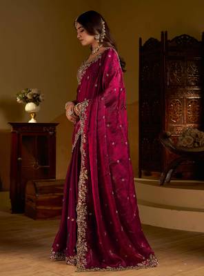 Wine colour satin silk saree with heavy embroidery work blouse 5