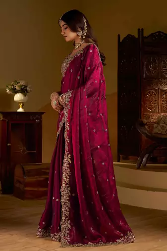 Wine colour satin silk saree with heavy embroidery work blouse