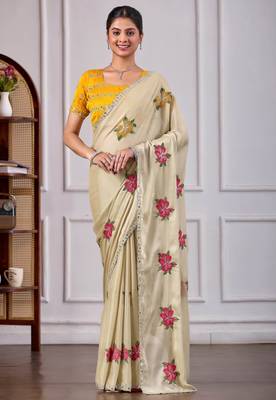 Beige rangoli saree with floral embroidery & mirror work 1
