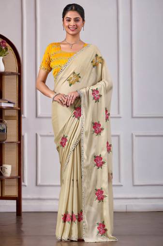 Beige rangoli saree with floral embroidery & mirror work