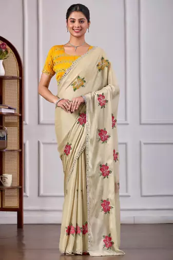 Beige rangoli saree with floral embroidery & mirror work