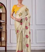Beige rangoli saree with floral embroidery & mirror work