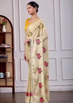 Beige rangoli saree with floral embroidery & mirror work 3