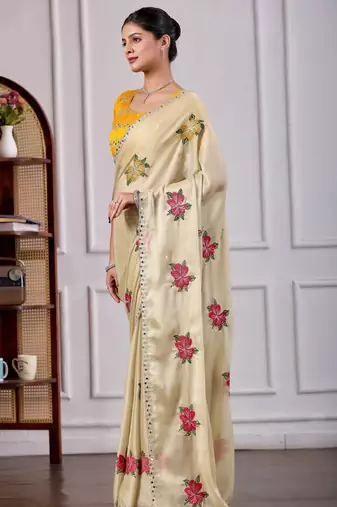 Beige rangoli saree with floral embroidery & mirror work