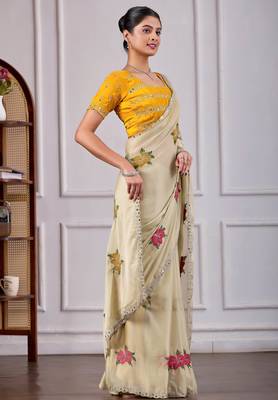 Beige rangoli saree with floral embroidery & mirror work 4