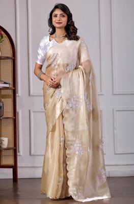 Beige jimmy choo fabric saree with floral embroidery & sequin work 1