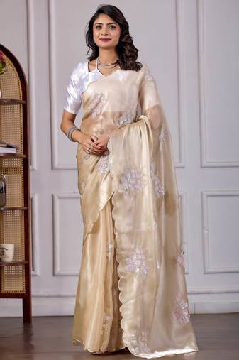 Beige jimmy choo fabric saree with floral embroidery & sequin work