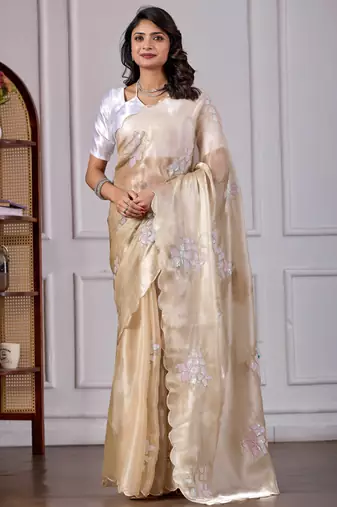 Beige jimmy choo fabric saree with floral embroidery & sequin work