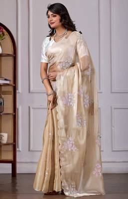 Beige jimmy choo fabric saree with floral embroidery & sequin work 3