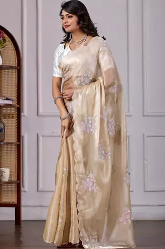 Beige jimmy choo fabric saree with floral embroidery & sequin work