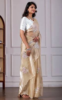 Beige jimmy choo fabric saree with floral embroidery & sequin work 4