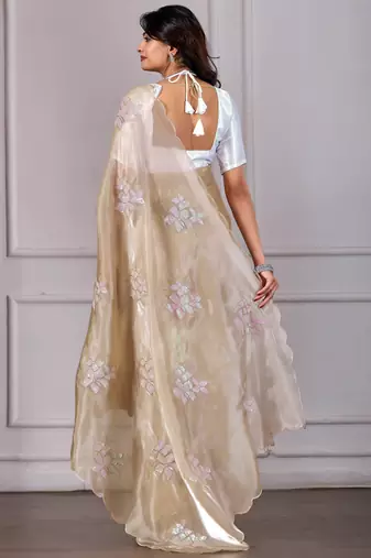 Beige jimmy choo fabric saree with floral embroidery & sequin work