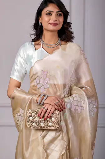 Beige jimmy choo fabric saree with floral embroidery & sequin work